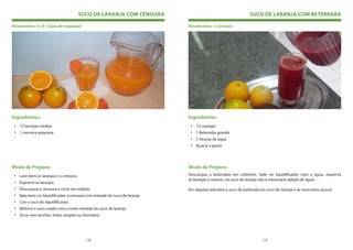 SUCO DE LARANJA COM CENOURA                                         SUCO DE LARANJA COM BETERRABA

Rendimento: 5 a 6 “copos de requeijão”                                   Rendimento: 12 porções




Ingredientes:                                                            Ingredientes:
 • 15 laranjas médias                                                     • 12 Laranjas
 • 1 cenoura pequena                                                      • 1 Beterraba grande
                                                                          • 2 Xícaras de água
                                                                          • Açúcar a gosto




Modo de Preparo:                                                         Modo de Preparo:
 • Lave bem as laranjas e a cenoura.                                     Descasque a beterraba em cubinhos, bate no liquidificador com a água, esprema
                                                                         as laranjas e reserve, no suco de laranja não é necessário adição de água.
 • Esprema as laranjas.
 • Descasque a cenoura e corte em rodelas.                               Em seguida adicione o suco da beterraba ao suco de laranja e se necessário açúcar.
 • Bata bem no liquidificador a cenoura com metade do suco de laranja.
 • Coe o suco do liquidificador.
 • Misture o suco coado com a outra metade do suco de laranja.
 • Sirva com lanches, bolos simples ou biscoitos!




                                         18                                                                       19
 