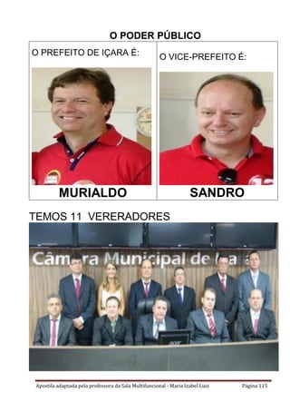 Apostila adaptada pela professora da Sala Multifuncional - Maria Izabel Luiz Página 115
O PODER PÚBLICO
O PREFEITO DE IÇARA É:
MURIALDO
O VICE-PREFEITO É:
SANDRO
TEMOS 11 VERERADORES
 