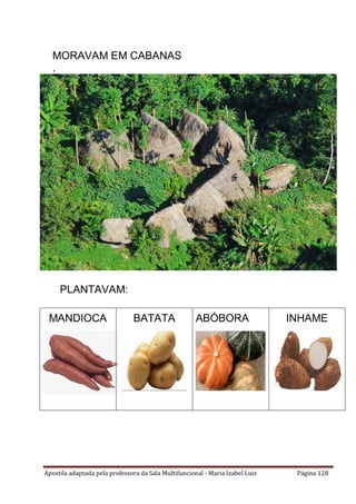 Apostila adaptada pela professora da Sala Multifuncional - Maria Izabel Luiz Página 128
MORAVAM EM CABANAS
.
PLANTAVAM:
MANDIOCA BATATA ABÓBORA INHAME
 