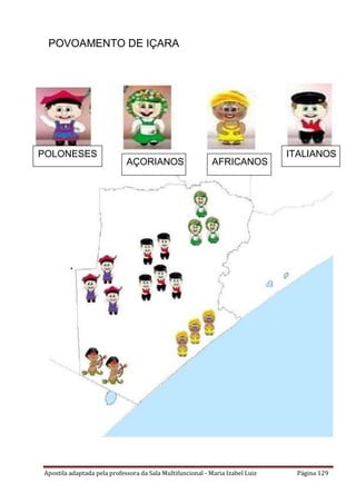 Apostila adaptada pela professora da Sala Multifuncional - Maria Izabel Luiz Página 129
POVOAMENTO DE IÇARA
•
POLONESES
AÇORIANOS AFRICANOS
ITALIANOS
 