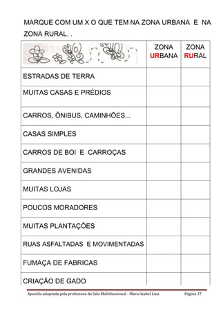 Apostila adaptada pela professora da Sala Multifuncional - Maria Izabel Luiz Página 37
MARQUE COM UM X O QUE TEM NA ZONA URBANA E NA
ZONA RURAL. .
ZONA
URBANA
ZONA
RURAL
ESTRADAS DE TERRA
MUITAS CASAS E PRÉDIOS
CARROS, ÔNIBUS, CAMINHÕES...
CASAS SIMPLES
CARROS DE BOI E CARROÇAS
GRANDES AVENIDAS
MUITAS LOJAS
POUCOS MORADORES
MUITAS PLANTAÇÕES
RUAS ASFALTADAS E MOVIMENTADAS
FUMAÇA DE FABRICAS
CRIAÇÃO DE GADO
 