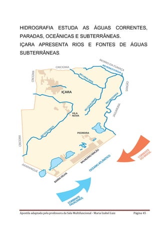 Apostila adaptada pela professora da Sala Multifuncional - Maria Izabel Luiz Página 45
HIDROGRAFIA ESTUDA AS ÁGUAS CORRENTES,
PARADAS, OCEÂNICAS E SUBTERRÂNEAS.
IÇARA APRESENTA RIOS E FONTES DE ÁGUAS
SUBTERRÂNEAS.
 