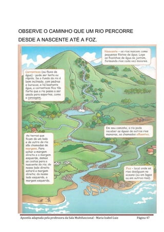 Apostila adaptada pela professora da Sala Multifuncional - Maria Izabel Luiz Página 47
OBSERVE O CAMINHO QUE UM RIO PERCORRE
DESDE A NASCENTE ATÉ A FOZ.
 