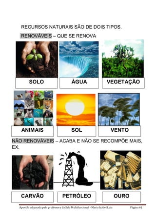 Apostila adaptada pela professora da Sala Multifuncional - Maria Izabel Luiz Página 61
RECURSOS NATURAIS SÃO DE DOIS TIPOS.
RENOVÁVEIS – QUE SE RENOVA
NÃO RENOVÁVEIS – ACABA E NÃO SE RECOMPÕE MAIS,
EX.
SOLO ÁGUA VEGETAÇÃO
SOL VENTOANIMAIS
CARVÃO PETRÓLEO OURO
 