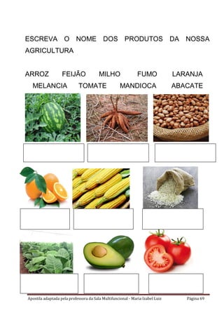 Apostila adaptada pela professora da Sala Multifuncional - Maria Izabel Luiz Página 69
ESCREVA O NOME DOS PRODUTOS DA NOSSA
AGRICULTURA
ARROZ FEIJÃO MILHO FUMO LARANJA
MELANCIA TOMATE MANDIOCA ABACATE
 