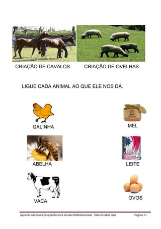 Apostila adaptada pela professora da Sala Multifuncional - Maria Izabel Luiz Página 71
LIGUE CADA ANIMAL AO QUE ELE NOS DÁ.
GALINHA MEL
ABELHA LEITE
VACA
OVOS
CRIAÇÃO DE OVELHASCRIAÇÃO DE CAVALOS
 