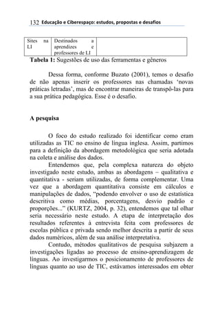 $$7*.8/9:)$%$#(;%5%'4/9)0$%'<.*)'=$45)4)'</'$%$*%'/6()'$132
Tabela 1: Sugestões de uso das ferramentas e gêneros
Dessa forma, conforme Buzato (2001), temos o desafio
de não apenas inserir os professores nas chamadas ‘novas
práticas letradas’, mas de encontrar maneiras de transpô-las para
a sua prática pedagógica. Esse é o desafio.
A pesquisa
O foco do estudo realizado foi identificar como eram
utilizadas as TIC no ensino de língua inglesa. Assim, partimos
para a definição da abordagem metodológica que seria adotada
na coleta e análise dos dados.
Entendemos que, pela complexa natureza do objeto
investigado neste estudo, ambas as abordagens – qualitativa e
quantitativa - seriam utilizadas, de forma complementar. Uma
vez que a abordagem quantitativa consiste em cálculos e
manipulações de dados, “podendo envolver o uso de estatística
descritiva como médias, porcentagens, desvio padrão e
proporções...” (KURTZ, 2004, p. 32), entendemos que tal olhar
seria necessário neste estudo. A etapa de interpretação dos
resultados referentes à entrevista feita com professores de
escolas pública e privada sendo melhor descrita a partir de seus
dados numéricos, além de sua análise interpretativa.
Contudo, métodos qualitativos de pesquisa subjazem a
investigações ligadas ao processo de ensino-aprendizagem de
línguas. Ao investigarmos o posicionamento de professores de
línguas quanto ao uso de TIC, estávamos interessados em obter
Sites na
LI
Destinados a
aprendizes e
professores de LI
 