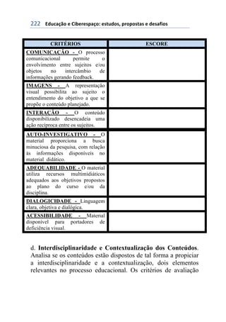 !!!++++3#1%&/0'+)+6$7)()*,&/'8+)*91#'*:+,(','*9&*+)+#)*&;$'*+
CRITÉRIOS ESCORE
COMUNICAÇÃO - O processo
comunicacional permite o
envolvimento entre sujeitos e/ou
objetos no intercâmbio de
informações gerando feedback.
IMAGENS - A representação
visual possibilita ao sujeito o
entendimento do objetivo a que se
propõe o conteúdo planejado.
INTERAÇÃO - O conteúdo
disponibilizado desencadeia uma
ação recíproca entre os sujeitos.
AUTO-INVESTIGATIVO - O
material proporciona a busca
minuciosa da pesquisa, com relação
às informações disponíveis no
material didático.
ADEQUABILIDADE - O material
utiliza recursos multimidiáticos
adequados aos objetivos propostos
ao plano do curso e/ou da
disciplina.
DIALOGICIDADE - Linguagem
clara, objetiva e dialógica.
ACESSIBILIDADE - Material
disponível para portadores de
deficiência visual.
d. Interdisciplinaridade e Contextualização dos Conteúdos.
Analisa se os conteúdos estão dispostos de tal forma a propiciar
a interdisciplinaridade e a contextualização, dois elementos
relevantes no processo educacional. Os critérios de avaliação
 