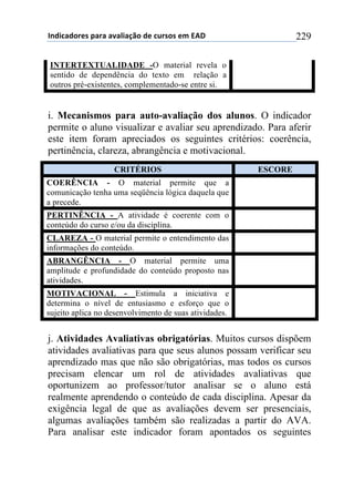 !"#$%&#'()*+,&(&+&-&.$&/0'+#)+%1(*'*+)2+345+ 229
INTERTEXTUALIDADE -O material revela o
sentido de dependência do texto em relação a
outros pré-existentes, complementado-se entre si.
i. Mecanismos para auto-avaliação dos alunos. O indicador
permite o aluno visualizar e avaliar seu aprendizado. Para aferir
este item foram apreciados os seguintes critérios: coerência,
pertinência, clareza, abrangência e motivacional.
CRITÉRIOS ESCORE
COERÊNCIA - O material permite que a
comunicação tenha uma seqüência lógica daquela que
a precede.
PERTINÊNCIA - A atividade é coerente com o
conteúdo do curso e/ou da disciplina.
CLAREZA - O material permite o entendimento das
informações do conteúdo.
ABRANGÊNCIA - O material permite uma
amplitude e profundidade do conteúdo proposto nas
atividades.
MOTIVACIONAL - Estimula a iniciativa e
determina o nível de entusiasmo e esforço que o
sujeito aplica no desenvolvimento de suas atividades.
j. Atividades Avaliativas obrigatórias. Muitos cursos dispõem
atividades avaliativas para que seus alunos possam verificar seu
aprendizado mas que não são obrigatórias, mas todos os cursos
precisam elencar um rol de atividades avaliativas que
oportunizem ao professor/tutor analisar se o aluno está
realmente aprendendo o conteúdo de cada disciplina. Apesar da
exigência legal de que as avaliações devem ser presenciais,
algumas avaliações também são realizadas a partir do AVA.
Para analisar este indicador foram apontados os seguintes
 