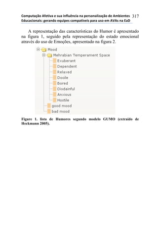 !"#$%&'()"*+,-&./'*-*0%'*.1,2%314.'*1'*$-50"1'2.6'()"*7-*+#8.-1&-0*
97%4'4."1'.0:*;-5'17"*-<%.$-0*4"#$'&=/-.0*$'5'*%0"*-#*+>+0*1'*9'?*
317
A representação das características do Humor é apresentado
na figura 1, seguido pela representação do estado emocional
através do uso de Emoções, apresentado na figura 2.
Figure 1. lista de Humores segundo modelo GUMO (extraído de
Heckmann 2005).
 