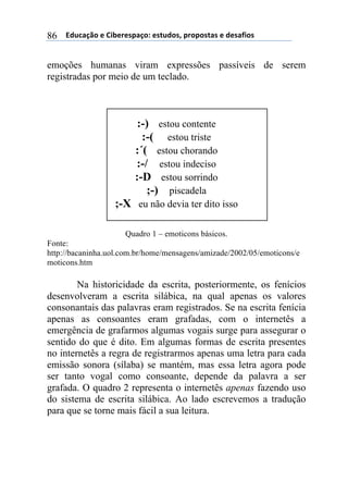 ((*32+)08,($(94:$%$';)0,.($'#23,'1(;%,;,'#)'($(3$')<4,'(86
emoções humanas viram expressões passíveis de serem
registradas por meio de um teclado.
:-) estou contente
:-( estou triste
:´( estou chorando
:-/ estou indeciso
:-D estou sorrindo
;-) piscadela
;-X eu não devia ter dito isso
Quadro 1 – emoticons básicos.
Fonte:
http://bacaninha.uol.com.br/home/mensagens/amizade/2002/05/emoticons/e
moticons.htm
Na historicidade da escrita, posteriormente, os fenícios
desenvolveram a escrita silábica, na qual apenas os valores
consonantais das palavras eram registrados. Se na escrita fenícia
apenas as consoantes eram grafadas, com o internetês a
emergência de grafarmos algumas vogais surge para assegurar o
sentido do que é dito. Em algumas formas de escrita presentes
no internetês a regra de registrarmos apenas uma letra para cada
emissão sonora (sílaba) se mantém, mas essa letra agora pode
ser tanto vogal como consoante, depende da palavra a ser
grafada. O quadro 2 representa o internetês apenas fazendo uso
do sistema de escrita silábica. Ao lado escrevemos a tradução
para que se torne mais fácil a sua leitura.
 