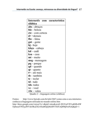 !"#$%"$#&'(")(*'+,-).()/)"0,1(%$#%,+$'',(,2(34/$%'43)3$(3)(-5"62)7( 87
Internetês com característica
silábica
abs - abraços
blz – beleza
ctz – com certeza
d+ =demais
flw – falou
gnt – gente
hj - hoje
kbça – cabeça
kd – cadê
ksa – casa
mt – muito
msg - mensagem
pq – porque
qd – quando
qt – quanto
t+ - até mais
tb – também
tc – teclar
td - tudo
tds- todos
vc – você
vlw – valeu
Quadro 2 –.linguagem online (silábica)
Fontes: http://www.baixaki.com.br/info/2467-como-esta-o-seu-internetes-
conheca-a-linguagem-utilizada-no-mundo-online.htm
http://docs.google.com/viewer?a=v&pid=sites&srcid=ZGVmYXVsdGRvbW
FpbnxnYWJyaWVsb3RoZXJvfGd4OjJjMzI0YThlYzQ0MjFmNzQ&pli=1
 