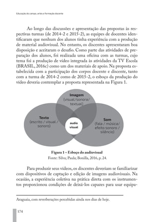 Educação do campo, artes e formação docente
174
Ao longo das discussões e apresentação das propostas às res-
pectivas turmas (de 2014-2 e 2015-2), as equipes de docentes iden-
tificaram que nenhum dos alunos tinha experiência com a produção
de material audiovisual. No entanto, os discentes apresentaram boa
disposição e aceitaram o desafio. Como parte das atividades de pre-
paração dos alunos, foi realizada uma oficina com as turmas, cujo
tema foi a produção de vídeo integrada às atividades da TV Escola
(BRASIL, 2016c) como um dos materiais de apoio. Na proposta es-
tabelecida com a participação dos corpos docente e discente, tanto
com a turma de 2014-2 como de 2015-2, o esboço da produção do
vídeo deveria contemplar a proposta representada na Figura 1.
Figura 1 – Esboço do audiovisual
Fonte: Silva; Paula; Bonilla, 2016, p. 24.
Para produzir seus vídeos, os discentes deveriam se familiarizar
com dispositivos de captação e edição de imagens audiovisuais. Na
ocasião, a experiência coletiva na prática direta com os instrumen-
tos proporcionou condições de deixá-los capazes para usar equipa-
Araguaia, com reverberações percebidas ainda nos dias de hoje.
Imagem
(visual/sonora/
textual)
Texto
(escrito / visual /
sonoro)
Som
(fala / música/
efeito sonoro /
silêncio)
audio
visual
EDU CAMPO ARTES E FORMAÇÃO DOCENTE_V2.indd 174 23/05/2017 16:14:50
 