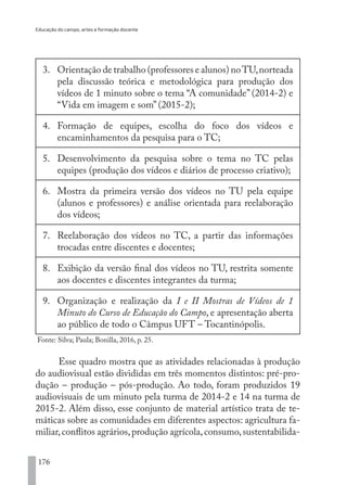 Educação do campo, artes e formação docente
176
3.	 Orientação de trabalho (professores e alunos) noTU,norteada
pela discussão teórica e metodológica para produção dos
vídeos de 1 minuto sobre o tema “A comunidade” (2014-2) e
“Vida em imagem e som” (2015-2);
4.	 Formação de equipes, escolha do foco dos vídeos e
encaminhamentos da pesquisa para o TC;
5.	 Desenvolvimento da pesquisa sobre o tema no TC pelas
equipes (produção dos vídeos e diários de processo criativo);
6.	 Mostra da primeira versão dos vídeos no TU pela equipe
(alunos e professores) e análise orientada para reelaboração
dos vídeos;
7.	 Reelaboração dos vídeos no TC, a partir das informações
trocadas entre discentes e docentes;
8.	 Exibição da versão final dos vídeos no TU, restrita somente
aos docentes e discentes integrantes da turma;
9.	 Organização e realização da I e II Mostras de Vídeos de 1
Minuto do Curso de Educação do Campo, e apresentação aberta
ao público de todo o Câmpus UFT – Tocantinópolis.
Fonte: Silva; Paula; Bonilla, 2016, p. 25.
Esse quadro mostra que as atividades relacionadas à produção
do audiovisual estão divididas em três momentos distintos: pré-pro-
dução – produção – pós-produção. Ao todo, foram produzidos 19
audiovisuais de um minuto pela turma de 2014-2 e 14 na turma de
2015-2. Além disso, esse conjunto de material artístico trata de te-
máticas sobre as comunidades em diferentes aspectos: agricultura fa-
miliar,conflitos agrários,produção agrícola,consumo,sustentabilida-
EDU CAMPO ARTES E FORMAÇÃO DOCENTE_V2.indd 176 23/05/2017 16:14:51
 