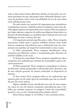 Educação do campo, artes e formação docente
182
entre as duas turmas foram diferentes, devido, em boa parte, aos con-
textos peculiares em que cada grupo esteve submetido durante o pro-
cesso de produção, assim como à possibilidade do uso de uma turma
como referência para outra.
De todo modo, esse exercício foi importante para entendermos
os parâmetros sonoros e simbólicos desses estudantes,assim como de-
cifrar alguns aspectos da relação deles com a música.Para isso,optamos
por eleger algumas categorias de análise que julgamos importantes no
processo de aprendizagem,ao considerar que se trata de um curso com
habilitação em artes e música. São elas:
1) Composição autoral específica para o vídeo. Nessa categoria
procuramos avaliar quais e quantos trabalhos tiveram como áudio
músicas compostas especialmente para o audiovisual, seja essa com-
posição uma paródia, um improviso instrumental ou uma canção.
2) Obra interpretada. Nessa categoria identificamos obras
compostas por diferentes autores e interpretadas pelos discentes do
referido trabalho ou do curso.
3) Artista da comunidade. Nessa categoria enquadramos obras
compostas e/ou realizadas por membro da comunidade à qual os dis-
centes pertencem.
4) Obra pesquisada. Nessa categoria se enquadram as músicas
de diferentes artistas pesquisadas e selecionadas pelos discentes, seja
de suas coleções pessoais, de artistas conhecidos ou disponíveis na
internet.
5) Sem música. Essa categoria refere-se aos audiovisuais que
optaram pelo uso de outros tipos de sonoridades que não as entendi-
das por eles como música.
Alguns trabalhos foram classificados em mais de uma catego-
ria, como no caso de músicas compostas especialmente para o tra-
balho que também entraram na categoria “artista da comunidade”,
quando o caso, ou em “interpretada pelos próprios alunos”.
Dessa forma, chegou-se ao Gráfico 1 com a primeira turma.
EDU CAMPO ARTES E FORMAÇÃO DOCENTE_V2.indd 182 23/05/2017 16:14:51
 