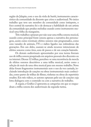 Educação do campo, artes e formação docente
184
região do Jalapão, com o uso da viola de buriti, instrumento caracte-
rístico da comunidade da discente que criou o audiovisual. No único
trabalho que teve um membro da comunidade como intérprete, o
foco central da narrativa foi o de destacar a habilidade de um artista
da comunidade que produz melodias usando como instrumento mu-
sical uma folha da mangueira.
Três trabalhos optaram por não usar uma trilha sonora musical,
usando como principal fonte sonora apenas a narrativa dos persona-
gens, assim como eventuais efeitos sonoros não programados, como
sons vazados de animais, TVs e rádios ligados nas redondezas das
gravações. Em um deles, usaram-se ainda recursos intencionais de
efeitos sonoros como tiros, sons de passos e de um coração batendo.
Os demais audiovisuais apresentados por essa turma fizeram
uso de trilha sonora pesquisada em arquivos pessoais dos discentes ou
na internet.Dessas 12 trilhas,percebeu-se uma recorrência da mescla
de efeitos sonoros descritivos a uma trilha musical, assim como a
seleção de mais de uma obra musical para um mesmo trabalho. Nove
delas foram fragmentos instrumentais sem o uso da voz cantada, in-
cluindo introdução de canções ou obras instrumentais mais conheci-
das, como partes de trilhas de filmes, vinhetas ou obras do repertório
erudito. Em três vídeos, os autores optaram pelo uso de canções cuja
letra dialogava com o conteúdo ou com a narrativa do trabalho.
A seguir, o Gráfico 2 apresenta as categorias em que se enqua-
dram a trilha sonora dos audiovisuais da segunda turma.
EDU CAMPO ARTES E FORMAÇÃO DOCENTE_V2.indd 184 23/05/2017 16:14:52
 