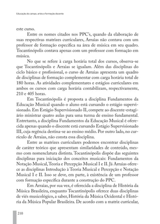 Educação do campo, artes e formação docente
210
este curso.
Entre os nomes citados nos PPC’s, quando da elaboração de
suas respectivas matrizes curriculares, Arraias não contava com um
professor de formação específica na área de música em seu quadro.
Tocantinópolis contava apenas com um professor com formação em
música.
No que se refere à carga horária total dos cursos, observa-se
que Tocantinópolis e Arraias se igualam. Além das disciplinas do
ciclo básico e profissional, o curso de Arraias apresenta um quadro
de disciplinas de formação complementar com carga horária total de
180 horas. As atividades complementares e estágios curriculares em
ambos os cursos com carga horária contabilizam, respectivamente,
210 e 405 horas.
Em Tocantinópolis é proposta a disciplina Fundamentos da
Educação Musical quando o aluno está cursando o estágio supervi-
sionado. Em Estágio Supervisionado II, compete ao discente-estagi-
ário ministrar quatro aulas para uma turma de ensino fundamental.
Entretanto, a disciplina Fundamentos da Educação Musical é ofere-
cida apenas quando o discente está cursando Estágio Supervisionado
III, cuja regência destina-se ao ensino médio. Por outro lado, no cur-
rículo de Arraias, não consta essa disciplina.
Entre as matrizes curriculares podemos encontrar disciplinas
de caráter teórico que apresentam similaridades de conteúdo, mes-
mo com nomenclatura distinta. Tocantinópolis dispõe das seguintes
disciplinas para iniciação dos conceitos musicais: Fundamentos da
Notação Musical,Teoria e Percepção Musical I e II.Já Arraias ofere-
ce as disciplinas Introdução à Teoria Musical e Percepção e Notação
Musical I e II. Isso se deve, em parte, à existência de um professor
com formação específica durante a construção do PPC.
Em Arraias, por sua vez, é oferecida a disciplina de História da
Música Brasileira, enquanto Tocantinópolis oferece duas disciplinas
de viés musicológico, a saber, História da Música Ocidental e Histó-
ria da Música Popular Brasileira. De acordo com a matriz curricular,
EDU CAMPO ARTES E FORMAÇÃO DOCENTE_V2.indd 210 23/05/2017 16:14:55
 