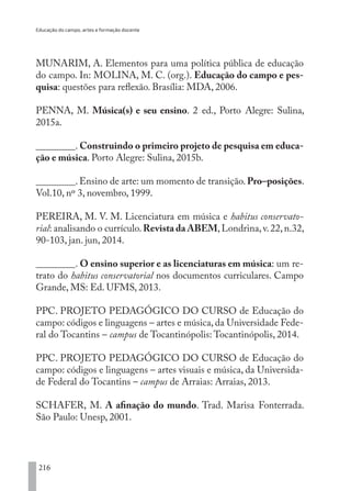 Educação do campo, artes e formação docente
216
MUNARIM, A. Elementos para uma política pública de educação
do campo. In: MOLINA, M. C. (org.). Educação do campo e pes-
quisa: questões para reflexão. Brasília: MDA, 2006.
PENNA, M. Música(s) e seu ensino. 2 ed., Porto Alegre: Sulina,
2015a.
________. Construindo o primeiro projeto de pesquisa em educa-
ção e música. Porto Alegre: Sulina, 2015b.
________. Ensino de arte: um momento de transição. Pro–posições.
Vol.10, nº 3, novembro, 1999.
PEREIRA, M. V. M. Licenciatura em música e habitus conservato-
rial: analisando o currículo.Revista da ABEM,Londrina,v.22,n.32,
90-103, jan. jun, 2014.
­­­­­­­­­­­­­­­­________. O ensino superior e as licenciaturas em música: um re-
trato do habitus conservatorial nos documentos curriculares. Campo
Grande, MS: Ed. UFMS, 2013.
PPC. PROJETO PEDAGÓGICO DO CURSO de Educação do
campo: códigos e linguagens – artes e música, da Universidade Fede-
ral do Tocantins – campus de Tocantinópolis: Tocantinópolis, 2014.
PPC. PROJETO PEDAGÓGICO DO CURSO de Educação do
campo: códigos e linguagens – artes visuais e música, da Universida-
de Federal do Tocantins – campus de Arraias: Arraias, 2013.
SCHAFER, M. A afinação do mundo. Trad. Marisa Fonterrada.
São Paulo: Unesp, 2001.
EDU CAMPO ARTES E FORMAÇÃO DOCENTE_V2.indd 216 23/05/2017 16:14:55
 