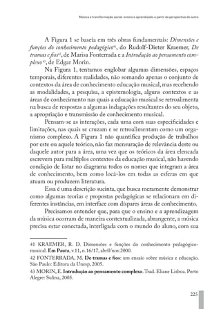 Música e transformação social: ensino e aprendizado a partir da perspectiva do outro
225
A Figura 1 se baseia em três obras fundamentais: Dimensões e
funções do conhecimento pedagógico41
, do Rudolf-Dieter Kraemer, De
tramas e fios42
,de Marisa Fonterrada e a Introdução ao pensamento com-
plexo43
, de Edgar Morin.
Na Figura 1, tentamos englobar algumas dimensões, espaços
temporais, diferentes realidades, não somando apenas o conjunto de
contextos da área de conhecimento educação musical,mas recebendo
as modalidades, a pesquisa, a epistemologia, alguns contextos e as
áreas de conhecimento nas quais a educação musical se retroalimenta
na busca de respostas a algumas indagações resultantes do seu objeto,
a apropriação e transmissão de conhecimento musical.
Pensam-se as interações, cada uma com suas especificidades e
limitações, nas quais se cruzam e se retroalimentam como um orga-
nismo complexo. A Figura 1 não quantifica produção de trabalhos
por este ou aquele teórico, não faz mensuração de relevância deste ou
daquele autor para a área, uma vez que os teóricos da área elencada
escrevem para múltiplos contextos da educação musical,não havendo
condição de listar no diagrama todos os nomes que integram a área
de conhecimento, bem como locá-los em todas as esferas em que
atuam ou produzem literatura.
Essa é uma descrição sucinta, que busca meramente demonstrar
como algumas teorias e propostas pedagógicas se relacionam em di-
ferentes instâncias, em interface com díspares áreas de conhecimento.
Precisamos entender que, para que o ensino e a aprendizagem
da música ocorram de maneira contextualizada,abrangente,a música
precisa estar conectada, interligada com o mundo do aluno, com sua
41 KRAEMER, R. D. Dimensões e funções do conhecimento pedagógico-
musical. Em Pauta, v.11, n.16/17, abril/nov.2000.
42 FONTERRADA, M. De tramas e fios: um ensaio sobre música e educação.
São Paulo: Editora da Unesp, 2005.
43 MORIN, E. Introdução ao pensamento complexo.Trad. Eliane Lisboa. Porto
Alegre: Sulina, 2005.
EDU CAMPO ARTES E FORMAÇÃO DOCENTE_V2.indd 225 23/05/2017 16:14:56
 