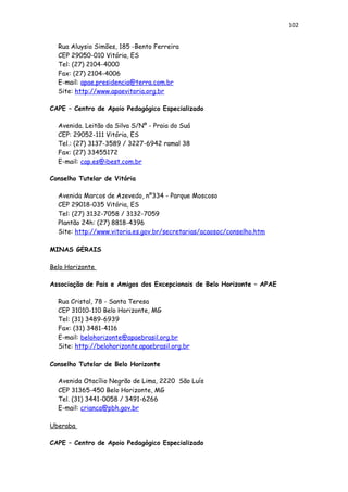 102
Rua Aluysio Simões, 185 -Bento Ferreira
CEP 29050-010 Vitória, ES
Tel: (27) 2104-4000
Fax: (27) 2104-4006
E-mail: apae.presidencia@terra.com.br
Site: http://www.apaevitoria.org.br
CAPE – Centro de Apoio Pedagógico Especializado
Avenida. Leitão da Silva S/Nº - Praia do Suá
CEP: 29052-111 Vitória, ES
Tel.: (27) 3137-3589 / 3227-6942 ramal 38
Fax: (27) 33455172
E-mail: cap.es@ibest.com.br
Conselho Tutelar de Vitória
Avenida Marcos de Azevedo, nº334 - Parque Moscoso
CEP 29018-035 Vitória, ES
Tel: (27) 3132-7058 / 3132-7059
Plantão 24h: (27) 8818-4396
Site: http://www.vitoria.es.gov.br/secretarias/acaosoc/conselho.htm
MINAS GERAIS
Belo Horizonte
Associação de Pais e Amigos dos Excepcionais de Belo Horizonte – APAE
Rua Cristal, 78 - Santa Teresa
CEP 31010-110 Belo Horizonte, MG
Tel: (31) 3489-6939
Fax: (31) 3481-4116
E-mail: belohorizonte@apaebrasil.org.br
Site: http://belohorizonte.apaebrasil.org.br
Conselho Tutelar de Belo Horizonte
Avenida Otacílio Negrão de Lima, 2220 São Luís
CEP 31365-450 Belo Horizonte, MG
Tel. (31) 3441-0058 / 3491-6266
E-mail: crianca@pbh.gov.br
Uberaba
CAPE – Centro de Apoio Pedagógico Especializado
 