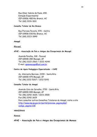 89
Rua Omar Sabino de Paula, 650
Estação Experimental
CEP 69906-400 Rio Branco, AC
Tel. (68) 3226-1831
Conselho Tutelar de Rio Branco
Rua Floriano Peixoto, 970 - Centro
CEP 69908-030 Rio Branco, AC
Tel. (68) 3223-3849
Amapá
Macapá
APAE - Associação de Pais e Amigos dos Excepcionais de Macapá
Avenida Paraíba, 168 - Pacoval
CEP 68908-280 Macapá, AP
Tel. (96) 3222-2563 / 3222-4249
E-mail: apaemacapa@uol.com.br
Centro de Apoio Pedagógico Especializado - CAPE
Av. Almirante Barroso, 2299 - Santa Rita
CEP 68900-475 Macapá, AP
Tel. (96) 3212-5267 / 3212-5143
Conselho Tutelar do Amapá
Avenida Cora de Carvalho, 2791 - Santa Rita
CEP 68900-000 Macapá, AP
Tel. (96) 3242-3618 / 3223-3500
Fax (96) 3242-3619
Para consultar outros Conselhos Tutelares do Amapá, visite o site
http://www.mp.ap.gov.br/portal/preview_pagina.php?
codigo_pagina=138
AMAZONAS
Manaus
APAE - Associação de Pais e Amigos dos Excepcionais de Manaus
 