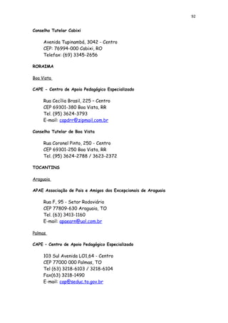 92
Conselho Tutelar Cabixi
Avenida Tupinambá, 3042 - Centro
CEP: 76994-000 Cabixi, RO
Telefax: (69) 3345-2656
RORAIMA
Boa Vista
CAPE - Centro de Apoio Pedagógico Especializado
Rua Cecília Brasil, 225 – Centro
CEP 69301-380 Boa Vista, RR
Tel. (95) 3624-3793
E-mail: capdrr@zipmail.com.br
Conselho Tutelar de Boa Vista
Rua Coronel Pinto, 250 - Centro
CEP 69301-250 Boa Vista, RR
Tel. (95) 3624-2788 / 3623-2372
TOCANTINS
Araguaia
APAE Associação de Pais e Amigos dos Excepcionais de Araguaia
Rua F, 95 - Setor Rodoviário
CEP 77809-630 Araguaia, TO
Tel. (63) 3413-1160
E-mail: apaearn@uol.com.br
Palmas
CAPE – Centro de Apoio Pedagógico Especializado
103 Sul Avenida LO1,64 - Centro
CEP 77000 000 Palmas, TO
Tel (63) 3218-6103 / 3218-6104
Fax(63) 3218-1490
E-mail: cap@seduc.to.gov.br
 