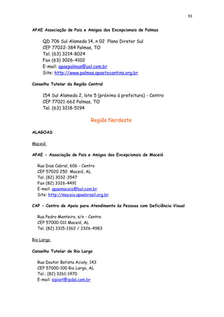 93
APAE Associação de Pais e Amigos dos Excepcionais de Palmas
QD 706 Sul Alameda 14, n 02 Plano Diretor Sul
CEP 77022-384 Palmas, TO
Tel. (63) 3214-8024
Fax (63) 3026-4102
E-mail: apaepalmas@uol.com.br
Site: http://www.palmas.apaetocantins.org.br
Conselho Tutelar da Região Central
154 Sul Alameda 2, lote 5 (próximo à prefeitura) - Centro
CEP 77021-662 Palmas, TO
Tel. (63) 3218-5194
Região Nordeste
ALAGOAS
Maceió
APAE - Associação de Pais e Amigos dos Excepcionais de Maceió
Rua Dias Cabral, 606 - Centro
CEP 57020 250 Maceió, AL
Tel. (82) 3032-3547
Fax (82) 3326-4491
E-mail: apaemaceio@bol.com.br
Site: http://maceio.apaebrasil.org.br
CAP - Centro de Apoio para Atendimento às Pessoas com Deficiência Visual
Rua Pedro Monteiro, s/n - Centro
CEP 57000-011 Maceió, AL
Tel. (82) 3315-1362 / 3326-4983
Rio Largo
Conselho Tutelar de Rio Largo
Rua Doutor Batista Acioly, 143
CEP 57000-100 Rio Largo, AL
Tel.: (82) 3261-1470
E-mail: sipiarl@ipdal.com.br
 