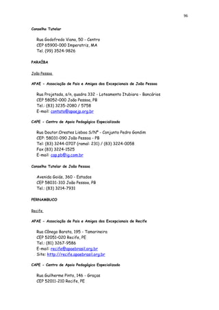 96
Conselho Tutelar
Rua Godofredo Viana, 50 - Centro
CEP 65900-000 Imperatriz, MA
Tel. (99) 3524-9826
PARAÍBA
João Pessoa
APAE - Associação de Pais e Amigos dos Excepcionais de João Pessoa
Rua Projetada, s/n, quadra 332 - Loteamento Itubiara - Bancários
CEP 58052–000 João Pessoa, PB
Tel.: (83) 3235-2080 / 5758
E-mail: contato@apaejp.org.br
CAPE - Centro de Apoio Pedagógico Especializado
Rua Doutor.Orestes Lisboa S/Nº - Conjunto Pedro Gondim
CEP: 58031-090 João Pessoa - PB
Tel: (83) 3244-0707 (ramal: 231) / (83) 3224-0058
Fax (83) 3224-1525
E-mail: cap.pb@ig.com.br
Conselho Tutelar de João Pessoa
Avenida Goiás, 360 - Estados
CEP 58031-310 João Pessoa, PB
Tel.: (83) 3214-7931
PERNAMBUCO
Recife
APAE - Associação de Pais e Amigos dos Excepcionais de Recife
Rua Cônego Barata, 195 - Tamarineira
CEP 52051–020 Recife, PE
Tel.: (81) 3267-9586
E-mail: recife@apaebrasil.org.br
Site: http://recife.apaebrasil.org.br
CAPE - Centro de Apoio Pedagógico Especializado
Rua Guilherme Pinto, 146 - Graças
CEP 52011-210 Recife, PE
 
