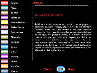 DrogasDrogas
ÁlcoolÁlcool
TabacoTabaco
InalantesInalantes
AnabolizantesAnabolizantes
EstimulantesEstimulantes
Depressores
MaconhaMaconha
CocaínaCocaína
CrackCrack
L S DL S D
EcstasyEcstasy
MerlaMerla
HeroínaHeroína
HaxixeHaxixe
DrogasDrogas
MaisMaisVoltarVoltar
19 – O QUE É TRÁFICO?
Tráfico é o ato de importar ou exportar, remeter, preparar,
produzir, adquirir, vender, expor à venda ou oferecer,
fornecer ainda que gratuitamente, ter em depósito,
transportar, trazer consigo, guardar, recomendar, ministrar
ou entregar, de qualquer forma, a consumo, substância
entorpecente ou que determine dependência física ou
psíquica, sem autorização ou em desacordo com
determinação legal ou regulamentar. A pena para quem
infringe a lei é de 3 ( três ) a 15 ( quinze anos de reclusão em
regime fechado e pagamento de multa que varia de 50 a 360
dias-multa. ( Lei 6368 artigo 12)
ÍNDICEÍNDICE
 
