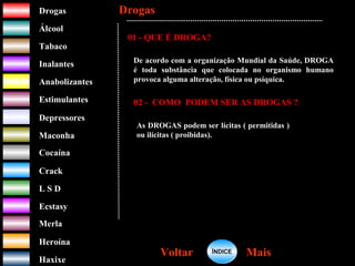 DrogasDrogas
ÁlcoolÁlcool
TabacoTabaco
InalantesInalantes
AnabolizantesAnabolizantes
EstimulantesEstimulantes
Depressores
MaconhaMaconha
CocaínaCocaína
CrackCrack
L S DL S D
EcstasyEcstasy
MerlaMerla
HeroínaHeroína
HaxixeHaxixe
DrogasDrogas
MaisMaisVoltarVoltar
01 - QUE É DROGA?
De acordo com a organização Mundial da Saúde, DROGA
é toda substância que colocada no organismo humano
provoca alguma alteração, física ou psíquica.
02 - COMO PODEM SER AS DROGAS ?
As DROGAS podem ser lícitas ( permitidas )
ou ilícitas ( proibidas).
ÍNDICEÍNDICE
 