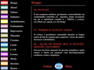 DrogasDrogas
ÁlcoolÁlcool
TabacoTabaco
InalantesInalantes
AnabolizantesAnabolizantes
EstimulantesEstimulantes
Depressores
MaconhaMaconha
CocaínaCocaína
CrackCrack
L S DL S D
EcstasyEcstasy
MerlaMerla
HeroínaHeroína
HaxixeHaxixe
DrogasDrogas
MaisMaisVoltarVoltar
78 - ECSTASY
É um composto sintético, geralmente comercializado em
comprimidos coloridos ou cápsulas, muito raramente
em pó a substância contida é : MDMA ( ecstasy,
xtc,Adam, ice, speed, eve, the drug).
79 - PORQUE O ECSTASY ATRAI?
O ecstasy é geralmente consumido durante as longas
noites de fim de semana para suportar o stress da noite e
favorecer a desinibição.
80 - QUAIS OS DANOS QUE O ECSTASY
PROVOCA NO CORPO?
Provoca um forte aumento da pressão sangüínea e pode
causar a morte em conjunto com descompensações
cardíacas, renais e hepáticas.
ÍNDICEÍNDICE
 