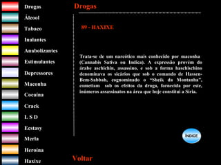 DrogasDrogas
ÁlcoolÁlcool
TabacoTabaco
InalantesInalantes
AnabolizantesAnabolizantes
EstimulantesEstimulantes
Depressores
MaconhaMaconha
CocaínaCocaína
CrackCrack
L S DL S D
EcstasyEcstasy
MerlaMerla
HeroínaHeroína
HaxixeHaxixe
DrogasDrogas
VoltarVoltar
?
89 - HAXIXE
Trata-se de um narcótico mais conhecido por maconha
(Cannabis Sativa ou Indica). A expressão provém do
árabe aschichin, assassino, e sob a forma haschischino
denominava os sicários que sob o comando de Hassen-
Bem-Sabbah, cognominado o “Sheik da Montanha”,
cometiam sob os efeitos da droga, fornecida por este,
inúmeros assassinatos na área que hoje constitui a Síria.
ÍNDICEÍNDICE
 