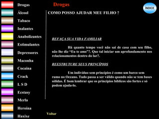 DrogasDrogas
ÁlcoolÁlcool
TabacoTabaco
InalantesInalantes
AnabolizantesAnabolizantes
EstimulantesEstimulantes
Depressores
MaconhaMaconha
CocaínaCocaína
CrackCrack
L S DL S D
EcstasyEcstasy
MerlaMerla
HeroínaHeroína
HaxixeHaxixe
DrogasDrogas
?
ÍNDICEÍNDICE
COMO POSSO AJUDAR MEU FILHO ?
Voltar
REFAÇA SUA VIDA FAMILIAR
Há quanto tempo você não sai de casa com seu filho,
não lhe diz “Eu te amo”?. Que tal iniciar um aprofundamento nos
relacionamentos dentro do lar?.
REESTRUTURE SEUS PRINCÍPIOS
Um indivíduo sem princípios é como um barco sem
rumo no Oceano. Tudo passa a ser válido quando não se tem bases
sólidas. É bom lembrar que os princípios bíblicos são fortes e só
podem ajuda-lo.
 