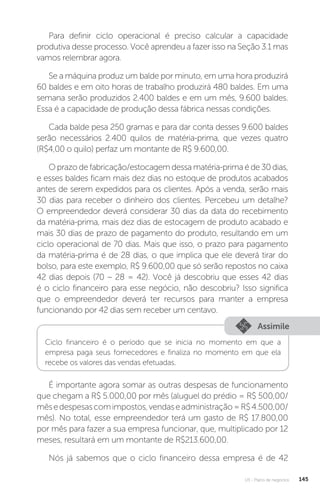 U3 - Plano de negócios 145
Para definir ciclo operacional é preciso calcular a capacidade
produtiva desse processo. Você aprendeu a fazer isso na Seção 3.1 mas
vamos relembrar agora.
Se a máquina produz um balde por minuto, em uma hora produzirá
60 baldes e em oito horas de trabalho produzirá 480 baldes. Em uma
semana serão produzidos 2.400 baldes e em um mês, 9.600 baldes.
Essa é a capacidade de produção dessa fábrica nessas condições.
Cada balde pesa 250 gramas e para dar conta desses 9.600 baldes
serão necessários 2.400 quilos de matéria-prima, que vezes quatro
(R$4,00 o quilo) perfaz um montante de R$ 9.600,00.
O prazo de fabricação/estocagem dessa matéria-prima é de 30 dias,
e esses baldes ficam mais dez dias no estoque de produtos acabados
antes de serem expedidos para os clientes. Após a venda, serão mais
30 dias para receber o dinheiro dos clientes. Percebeu um detalhe?
O empreendedor deverá considerar 30 dias da data do recebimento
da matéria-prima, mais dez dias de estocagem de produto acabado e
mais 30 dias de prazo de pagamento do produto, resultando em um
ciclo operacional de 70 dias. Mais que isso, o prazo para pagamento
da matéria-prima é de 28 dias, o que implica que ele deverá tirar do
bolso, para este exemplo, R$ 9.600,00 que só serão repostos no caixa
42 dias depois (70 – 28 = 42). Você já descobriu que esses 42 dias
é o ciclo financeiro para esse negócio, não descobriu? Isso significa
que o empreendedor deverá ter recursos para manter a empresa
funcionando por 42 dias sem receber um centavo.
Assimile
Ciclo financeiro é o período que se inicia no momento em que a
empresa paga seus fornecedores e finaliza no momento em que ela
recebe os valores das vendas efetuadas.
É importante agora somar as outras despesas de funcionamento
que chegam a R$ 5.000,00 por mês (aluguel do prédio = R$ 500,00/
mêsedespesascomimpostos,vendaseadministração=R$4.500,00/
mês). No total, esse empreendedor terá um gasto de R$ 17.800,00
por mês para fazer a sua empresa funcionar, que, multiplicado por 12
meses, resultará em um montante de R$213.600,00.
Nós já sabemos que o ciclo financeiro dessa empresa é de 42
 