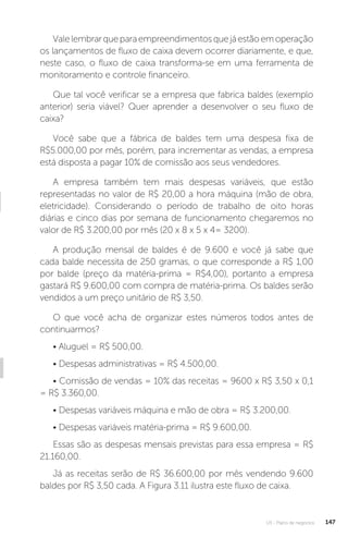 U3 - Plano de negócios 147
Valelembrarqueparaempreendimentosquejáestãoemoperação
os lançamentos de fluxo de caixa devem ocorrer diariamente, e que,
neste caso, o fluxo de caixa transforma-se em uma ferramenta de
monitoramento e controle financeiro.
Que tal você verificar se a empresa que fabrica baldes (exemplo
anterior) seria viável? Quer aprender a desenvolver o seu fluxo de
caixa?
Você sabe que a fábrica de baldes tem uma despesa fixa de
R$5.000,00 por mês, porém, para incrementar as vendas, a empresa
está disposta a pagar 10% de comissão aos seus vendedores.
A empresa também tem mais despesas variáveis, que estão
representadas no valor de R$ 20,00 a hora máquina (mão de obra,
eletricidade). Considerando o período de trabalho de oito horas
diárias e cinco dias por semana de funcionamento chegaremos no
valor de R$ 3.200,00 por mês (20 x 8 x 5 x 4= 3200).
A produção mensal de baldes é de 9.600 e você já sabe que
cada balde necessita de 250 gramas, o que corresponde a R$ 1,00
por balde (preço da matéria-prima = R$4,00), portanto a empresa
gastará R$ 9.600,00 com compra de matéria-prima. Os baldes serão
vendidos a um preço unitário de R$ 3,50.
O que você acha de organizar estes números todos antes de
continuarmos?
• Aluguel = R$ 500,00.
• Despesas administrativas = R$ 4.500,00.
• Comissão de vendas = 10% das receitas = 9600 x R$ 3,50 x 0,1
= R$ 3.360,00.
• Despesas variáveis máquina e mão de obra = R$ 3.200,00.
• Despesas variáveis matéria-prima = R$ 9.600,00.
Essas são as despesas mensais previstas para essa empresa = R$
21.160,00.
Já as receitas serão de R$ 36.600,00 por mês vendendo 9.600
baldes por R$ 3,50 cada. A Figura 3.11 ilustra este fluxo de caixa.
 