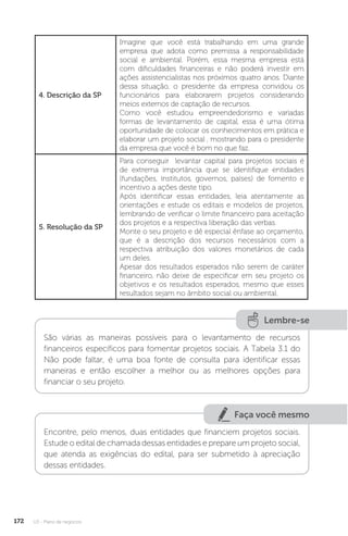 U3 - Plano de negócios
172
4. Descrição da SP
Imagine que você está trabalhando em uma grande
empresa que adota como premissa a responsabilidade
social e ambiental. Porém, essa mesma empresa está
com dificuldades financeiras e não poderá investir em
ações assistencialistas nos próximos quatro anos. Diante
dessa situação, o presidente da empresa convidou os
funcionários para elaborarem projetos considerando
meios externos de captação de recursos.
Como você estudou empreendedorismo e variadas
formas de levantamento de capital, essa é uma ótima
oportunidade de colocar os conhecimentos em prática e
elaborar um projeto social , mostrando para o presidente
da empresa que você é bom no que faz.
5. Resolução da SP
Para conseguir levantar capital para projetos sociais é
de extrema importância que se identifique entidades
(fundações, institutos, governos, países) de fomento e
incentivo a ações deste tipo.
Após identificar essas entidades, leia atentamente as
orientações e estude os editais e modelos de projetos,
lembrando de verificar o limite financeiro para aceitação
dos projetos e a respectiva liberação das verbas.
Monte o seu projeto e dê especial ênfase ao orçamento,
que é a descrição dos recursos necessários com a
respectiva atribuição dos valores monetários de cada
um deles.
Apesar dos resultados esperados não serem de caráter
financeiro, não deixe de especificar em seu projeto os
objetivos e os resultados esperados, mesmo que esses
resultados sejam no âmbito social ou ambiental.
Lembre-se
São várias as maneiras possíveis para o levantamento de recursos
financeiros específicos para fomentar projetos sociais. A Tabela 3.1 do
Não pode faltar, é uma boa fonte de consulta para identificar essas
maneiras e então escolher a melhor ou as melhores opções para
financiar o seu projeto.
Faça você mesmo
Encontre, pelo menos, duas entidades que financiem projetos sociais.
Estude o edital de chamada dessas entidades e prepare um projeto social,
que atenda as exigências do edital, para ser submetido à apreciação
dessas entidades.
 