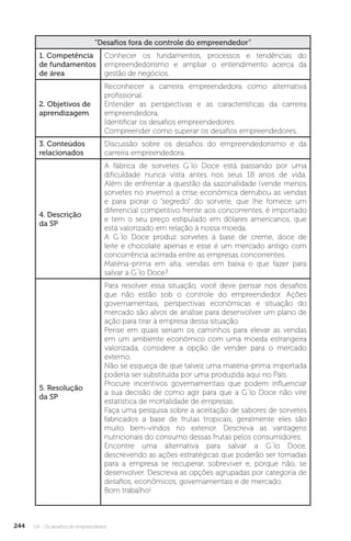 U4 - Os desafios do empreendedor
244
“Desafios fora de controle do empreendedor”
1. Competência
de fundamentos
de área
Conhecer os fundamentos, processos e tendências do
empreendedorismo e ampliar o entendimento acerca da
gestão de negócios.
2. Objetivos de
aprendizagem
Reconhecer a carreira empreendedora como alternativa
profissional.
Entender as perspectivas e as características da carreira
empreendedora.
Identificar os desafios empreendedores.
Compreender como superar os desafios empreendedores.
3. Conteúdos
relacionados
Discussão sobre os desafios do empreendedorismo e da
carreira empreendedora.
4. Descrição
da SP
A fábrica de sorvetes G´lo Doce está passando por uma
dificuldade nunca vista antes nos seus 18 anos de vida.
Além de enfrentar a questão da sazonalidade (vende menos
sorvetes no inverno) a crise econômica derrubou as vendas
e para piorar o “segredo” do sorvete, que lhe fornece um
diferencial competitivo frente aos concorrentes, é importado
e tem o seu preço estipulado em dólares americanos, que
está valorizado em relação à nossa moeda.
A G´lo Doce produz sorvetes à base de creme, doce de
leite e chocolate apenas e esse é um mercado antigo com
concorrência acirrada entre as empresas concorrentes.
Matéria-prima em alta, vendas em baixa o que fazer para
salvar a G´lo Doce?
5. Resolução
da SP
Para resolver essa situação, você deve pensar nos desafios
que não estão sob o controle do empreendedor. Ações
governamentais, perspectivas econômicas e situação do
mercado são alvos de análise para desenvolver um plano de
ação para tirar a empresa dessa situação.
Pense em quais seriam os caminhos para elevar as vendas
em um ambiente econômico com uma moeda estrangeira
valorizada, considere a opção de vender para o mercado
externo.
Não se esqueça de que talvez uma matéria-prima importada
poderia ser substituída por uma produzida aqui no País.
Procure incentivos governamentais que podem influenciar
a sua decisão de como agir para que a G´lo Doce não vire
estatística de mortalidade de empresas.
Faça uma pesquisa sobre a aceitação de sabores de sorvetes
fabricados a base de frutas tropicais, geralmente eles são
muito bem-vindos no exterior. Descreva as vantagens
nutricionais do consumo dessas frutas pelos consumidores.
Encontre uma alternativa para salvar a G´lo Doce,
descrevendo as ações estratégicas que poderão ser tomadas
para a empresa se recuperar, sobreviver e, porque não, se
desenvolver. Descreva as opções agrupadas por categoria de
desafios, econômicos, governamentais e de mercado.
Bom trabalho!
 