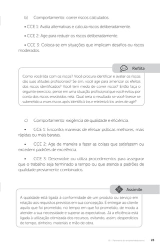 U1 - Panorama do empreendedorismo 23
b)	 Comportamento: correr riscos calculados.
• CCE 1: Avalia alternativas e calcula riscos deliberadamente.
• CCE 2: Age para reduzir os riscos deliberadamente.
• CCE 3: Coloca-se em situações que implicam desafios ou riscos
moderados.
Reflita
Como você lida com os riscos? Você procura identificar e avaliar os riscos
das suas atitudes profissionais? Se sim, você age para amenizar os efeitos
dos riscos identificados? Você tem medo de correr riscos? Então faça o
seguinte exercício: pense em uma situação profissional que você evitou por
conta dos riscos envolvidos nela. Qual seria o resultado se você tivesse se
submetido a esses riscos após identificá-los e minimizá-los antes de agir?
c)	 Comportamento: exigência de qualidade e eficiência.
•	 CCE 1: Encontra maneiras de efetuar práticas melhores, mais
rápidas ou mais baratas.
•	 CCE 2: Age de maneira a fazer as coisas que satisfazem ou
excedem padrões de excelência.
•	 CCE 3: Desenvolve ou utiliza procedimentos para assegurar
que o trabalho seja terminado a tempo ou que atenda a padrões de
qualidade previamente combinados.
Assimile
A qualidade está ligada à conformidade de um produto ou serviço em
relação aos requisitos previstos em sua concepção. É entregar ao cliente
aquilo que foi prometido, no tempo em que foi prometido, de modo a
atender a sua necessidade e superar as expectativas. Já a eficiência está
ligada à utilização otimizada dos recursos, evitando, assim, desperdícios
de tempo, dinheiro, materiais e mão de obra.
 