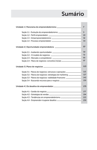 Unidade 1 | Panorama do empreendedorismo
Seção 1.1 - Evolução do empreendedorismo
Seção 1.2 - Perfil empreendedor
Seção 1.3 - Intraempreendedorismo
Seção 1.4 - Processo empreendedor
Unidade 2 | Oportunidade empreendedora
Seção 2.1 - Avaliando oportunidades
Seção 2.2 - O modelo de negócios
Seção 2.3 - Mercado e competidores
Seção 2.4 - Plano de negócios: conceitos iniciais
Unidade 3 | Plano de negócios
Seção 3.1 - Planos de negócios: estrutura e operações
Seção 3.2 - Planos de negócios: estratégias de marketing
Seção 3.3 - Planos de negócios: viabilidade financeira
Seção 3.4 - Buscando recursos para o negócio
Unidade 4 | Os desafios do empreendedor
Seção 4.1 - Gestão do negócio
Seção 4.2 - Estratégias de vendas
Seção 4.3 - Tendências em empreendedorismo
Seção 4.4 - Empreender é superar desafios
7
9
20
32
44
57
59
72
85
97
113
115
127
142
159
175
177
194
213
230
Sumário
 