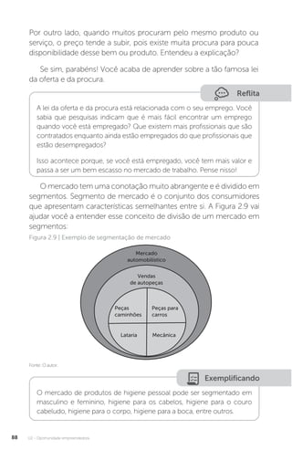U2 - Oportunidade empreendedora
88
Por outro lado, quando muitos procuram pelo mesmo produto ou
serviço, o preço tende a subir, pois existe muita procura para pouca
disponibilidade desse bem ou produto. Entendeu a explicação?
Se sim, parabéns! Você acaba de aprender sobre a tão famosa lei
da oferta e da procura.
Reflita
A lei da oferta e da procura está relacionada com o seu emprego. Você
sabia que pesquisas indicam que é mais fácil encontrar um emprego
quando você está empregado? Que existem mais profissionais que são
contratados enquanto ainda estão empregados do que profissionais que
estão desempregados?
Isso acontece porque, se você está empregado, você tem mais valor e
passa a ser um bem escasso no mercado de trabalho. Pense nisso!
O mercado tem uma conotação muito abrangente e é dividido em
segmentos. Segmento de mercado é o conjunto dos consumidores
que apresentam características semelhantes entre si. A Figura 2.9 vai
ajudar você a entender esse conceito de divisão de um mercado em
segmentos:
Fonte: O autor.
Figura 2.9 | Exemplo de segmentação de mercado
Lataria Mecânica
Peças para
carros
Peças
caminhões
Vendas
de autopeças
Mercado
automobilístico
Exemplificando
O mercado de produtos de higiene pessoal pode ser segmentado em
masculino e feminino, higiene para os cabelos, higiene para o couro
cabeludo, higiene para o corpo, higiene para a boca, entre outros.
 