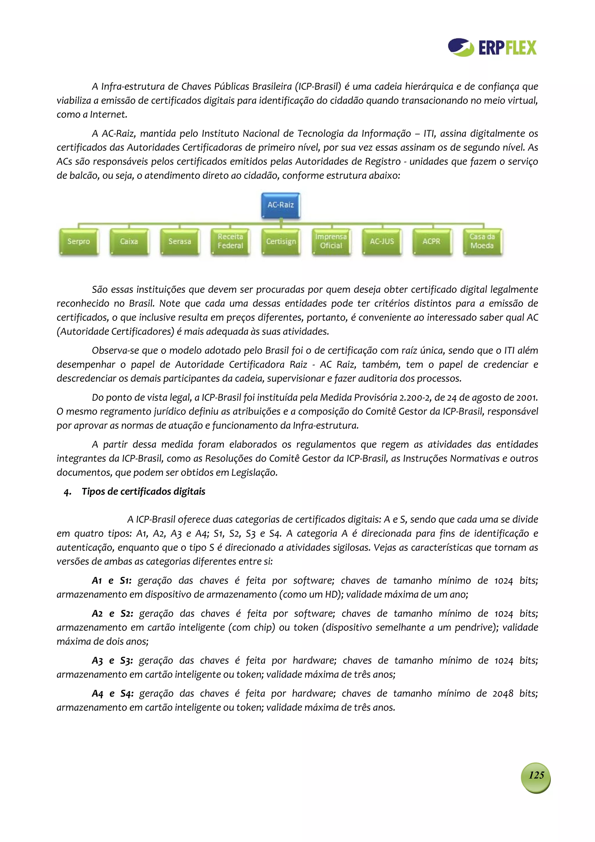 A Infra-estrutura de Chaves Públicas Brasileira (ICP-Brasil) é uma cadeia hierárquica e de confiança que
viabiliza a emissão de certificados digitais para identificação do cidadão quando transacionando no meio virtual,
como a Internet.
         A AC-Raiz, mantida pelo Instituto Nacional de Tecnologia da Informação – ITI, assina digitalmente os
certificados das Autoridades Certificadoras de primeiro nível, por sua vez essas assinam os de segundo nível. As
ACs são responsáveis pelos certificados emitidos pelas Autoridades de Registro - unidades que fazem o serviço
de balcão, ou seja, o atendimento direto ao cidadão, conforme estrutura abaixo:




         São essas instituições que devem ser procuradas por quem deseja obter certificado digital legalmente
reconhecido no Brasil. Note que cada uma dessas entidades pode ter critérios distintos para a emissão de
certificados, o que inclusive resulta em preços diferentes, portanto, é conveniente ao interessado saber qual AC
(Autoridade Certificadores) é mais adequada às suas atividades.
       Observa-se que o modelo adotado pelo Brasil foi o de certificação com raíz única, sendo que o ITI além
desempenhar o papel de Autoridade Certificadora Raiz - AC Raiz, também, tem o papel de credenciar e
descredenciar os demais participantes da cadeia, supervisionar e fazer auditoria dos processos.
        Do ponto de vista legal, a ICP-Brasil foi instituída pela Medida Provisória 2.200-2, de 24 de agosto de 2001.
O mesmo regramento jurídico definiu as atribuições e a composição do Comitê Gestor da ICP-Brasil, responsável
por aprovar as normas de atuação e funcionamento da Infra-estrutura.
        A partir dessa medida foram elaborados os regulamentos que regem as atividades das entidades
integrantes da ICP-Brasil, como as Resoluções do Comitê Gestor da ICP-Brasil, as Instruções Normativas e outros
documentos, que podem ser obtidos em Legislação.
 4. Tipos de certificados digitais

                A ICP-Brasil oferece duas categorias de certificados digitais: A e S, sendo que cada uma se divide
em quatro tipos: A1, A2, A3 e A4; S1, S2, S3 e S4. A categoria A é direcionada para fins de identificação e
autenticação, enquanto que o tipo S é direcionado a atividades sigilosas. Vejas as características que tornam as
versões de ambas as categorias diferentes entre si:
       A1 e S1: geração das chaves é feita por software; chaves de tamanho mínimo de 1024 bits;
armazenamento em dispositivo de armazenamento (como um HD); validade máxima de um ano;
       A2 e S2: geração das chaves é feita por software; chaves de tamanho mínimo de 1024 bits;
armazenamento em cartão inteligente (com chip) ou token (dispositivo semelhante a um pendrive); validade
máxima de dois anos;
       A3 e S3: geração das chaves é feita por hardware; chaves de tamanho mínimo de 1024 bits;
armazenamento em cartão inteligente ou token; validade máxima de três anos;
       A4 e S4: geração das chaves é feita por hardware; chaves de tamanho mínimo de 2048 bits;
armazenamento em cartão inteligente ou token; validade máxima de três anos.




                                                                                                                  125
 