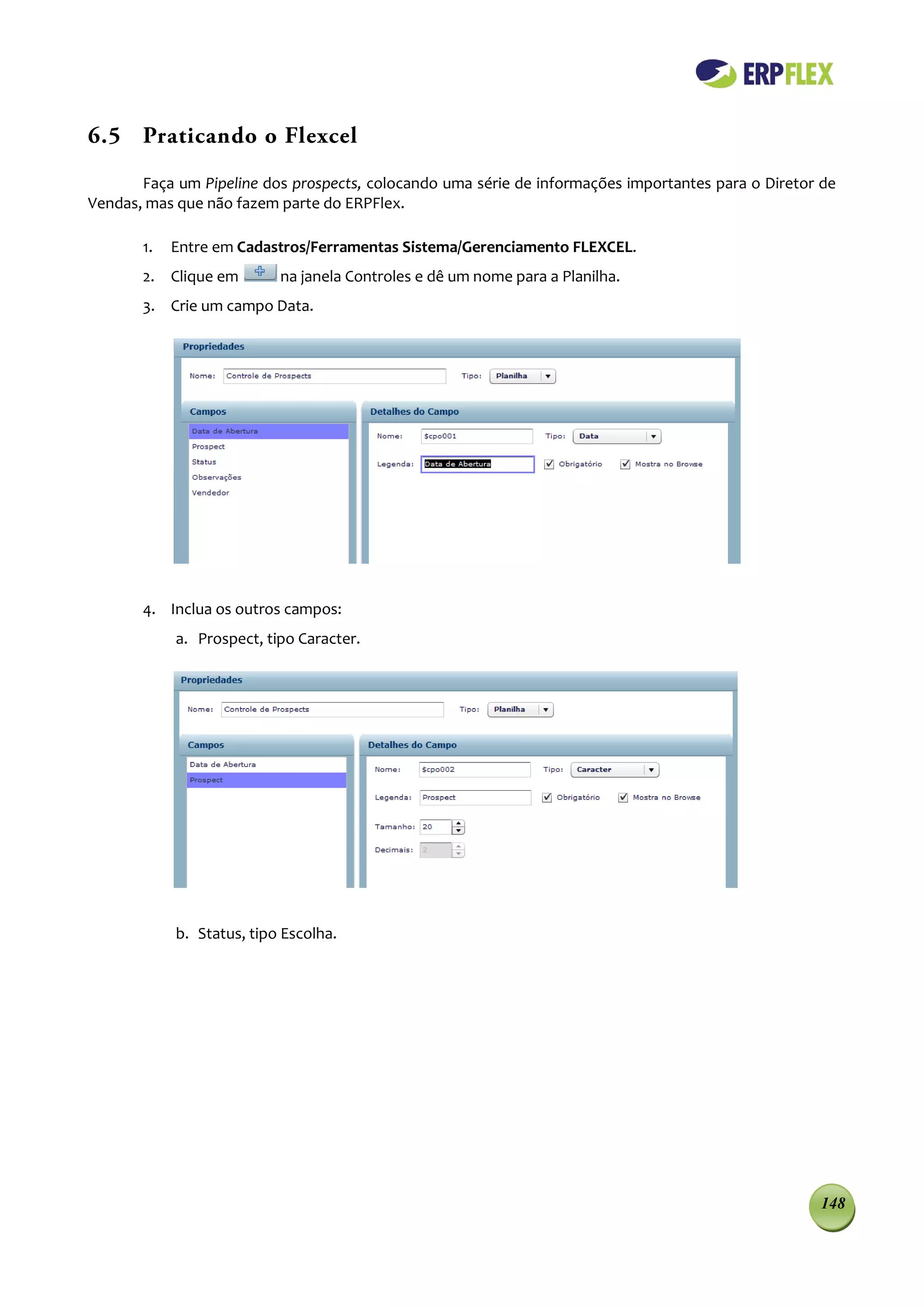 6.5 Praticando o Flexcel
       Faça um Pipeline dos prospects, colocando uma série de informações importantes para o Diretor de
Vendas, mas que não fazem parte do ERPFlex.

       1.   Entre em Cadastros/Ferramentas Sistema/Gerenciamento FLEXCEL.
       2. Clique em        na janela Controles e dê um nome para a Planilha.
       3. Crie um campo Data.




       4. Inclua os outros campos:
            a. Prospect, tipo Caracter.




            b. Status, tipo Escolha.




                                                                                                    148
 