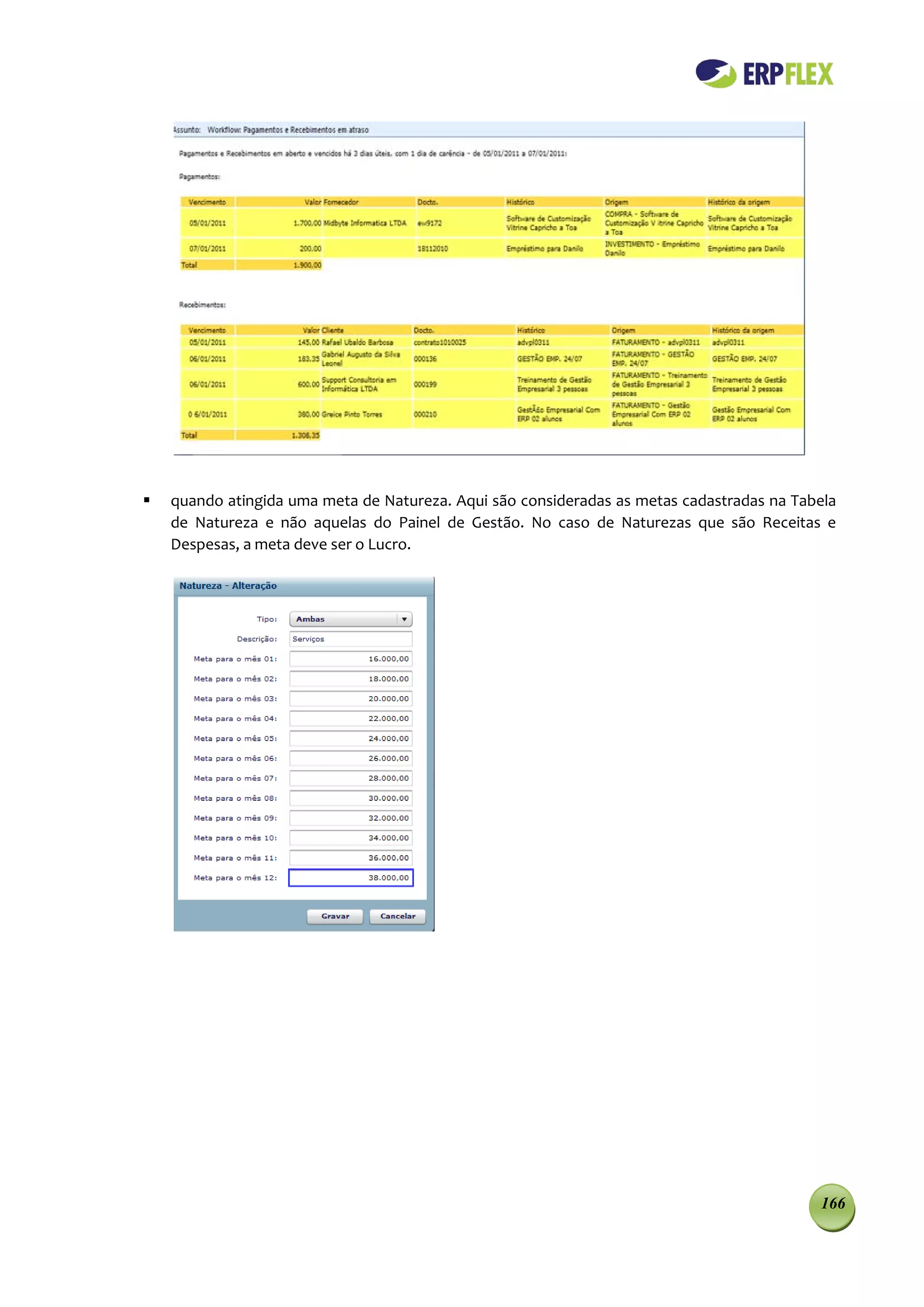    quando atingida uma meta de Natureza. Aqui são consideradas as metas cadastradas na Tabela
    de Natureza e não aquelas do Painel de Gestão. No caso de Naturezas que são Receitas e
    Despesas, a meta deve ser o Lucro.




                                                                                           166
 