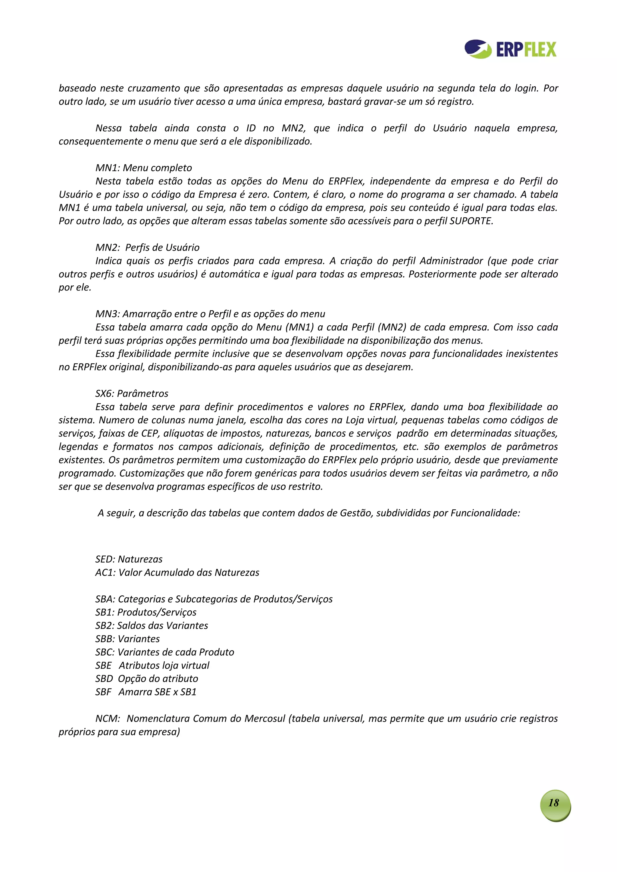baseado neste cruzamento que são apresentadas as empresas daquele usuário na segunda tela do login. Por
outro lado, se um usuário tiver acesso a uma única empresa, bastará gravar-se um só registro.

       Nessa tabela ainda consta o ID no MN2, que indica o perfil do Usuário naquela empresa,
consequentemente o menu que será a ele disponibilizado.

        MN1: Menu completo
        Nesta tabela estão todas as opções do Menu do ERPFlex, independente da empresa e do Perfil do
Usuário e por isso o código da Empresa é zero. Contem, é claro, o nome do programa a ser chamado. A tabela
MN1 é uma tabela universal, ou seja, não tem o código da empresa, pois seu conteúdo é igual para todas elas.
Por outro lado, as opções que alteram essas tabelas somente são acessíveis para o perfil SUPORTE.

         MN2: Perfis de Usuário
         Indica quais os perfis criados para cada empresa. A criação do perfil Administrador (que pode criar
outros perfis e outros usuários) é automática e igual para todas as empresas. Posteriormente pode ser alterado
por ele.

          MN3: Amarração entre o Perfil e as opções do menu
          Essa tabela amarra cada opção do Menu (MN1) a cada Perfil (MN2) de cada empresa. Com isso cada
perfil terá suas próprias opções permitindo uma boa flexibilidade na disponibilização dos menus.
          Essa flexibilidade permite inclusive que se desenvolvam opções novas para funcionalidades inexistentes
no ERPFlex original, disponibilizando-as para aqueles usuários que as desejarem.

         SX6: Parâmetros
         Essa tabela serve para definir procedimentos e valores no ERPFlex, dando uma boa flexibilidade ao
sistema. Numero de colunas numa janela, escolha das cores na Loja virtual, pequenas tabelas como códigos de
serviços, faixas de CEP, alíquotas de impostos, naturezas, bancos e serviços padrão em determinadas situações,
legendas e formatos nos campos adicionais, definição de procedimentos, etc. são exemplos de parâmetros
existentes. Os parâmetros permitem uma customização do ERPFlex pelo próprio usuário, desde que previamente
programado. Customizações que não forem genéricas para todos usuários devem ser feitas via parâmetro, a não
ser que se desenvolva programas específicos de uso restrito.

        A seguir, a descrição das tabelas que contem dados de Gestão, subdivididas por Funcionalidade:



        SED: Naturezas
        AC1: Valor Acumulado das Naturezas

        SBA: Categorias e Subcategorias de Produtos/Serviços
        SB1: Produtos/Serviços
        SB2: Saldos das Variantes
        SBB: Variantes
        SBC: Variantes de cada Produto
        SBE Atributos loja virtual
        SBD Opção do atributo
        SBF Amarra SBE x SB1

        NCM: Nomenclatura Comum do Mercosul (tabela universal, mas permite que um usuário crie registros
próprios para sua empresa)




                                                                                                             18
 