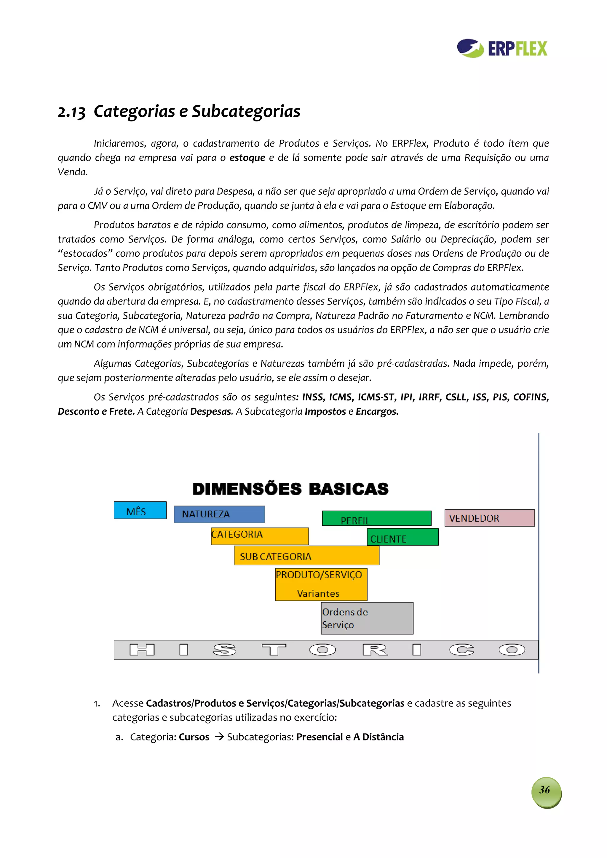 2.13 Categorias e Subcategorias
       Iniciaremos, agora, o cadastramento de Produtos e Serviços. No ERPFlex, Produto é todo item que
quando chega na empresa vai para o estoque e de lá somente pode sair através de uma Requisição ou uma
Venda.
        Já o Serviço, vai direto para Despesa, a não ser que seja apropriado a uma Ordem de Serviço, quando vai
para o CMV ou a uma Ordem de Produção, quando se junta à ela e vai para o Estoque em Elaboração.
         Produtos baratos e de rápido consumo, como alimentos, produtos de limpeza, de escritório podem ser
tratados como Serviços. De forma análoga, como certos Serviços, como Salário ou Depreciação, podem ser
“estocados” como produtos para depois serem apropriados em pequenas doses nas Ordens de Produção ou de
Serviço. Tanto Produtos como Serviços, quando adquiridos, são lançados na opção de Compras do ERPFlex.
        Os Serviços obrigatórios, utilizados pela parte fiscal do ERPFlex, já são cadastrados automaticamente
quando da abertura da empresa. E, no cadastramento desses Serviços, também são indicados o seu Tipo Fiscal, a
sua Categoria, Subcategoria, Natureza padrão na Compra, Natureza Padrão no Faturamento e NCM. Lembrando
que o cadastro de NCM é universal, ou seja, único para todos os usuários do ERPFlex, a não ser que o usuário crie
um NCM com informações próprias de sua empresa.
        Algumas Categorias, Subcategorias e Naturezas também já são pré-cadastradas. Nada impede, porém,
que sejam posteriormente alteradas pelo usuário, se ele assim o desejar.
       Os Serviços pré-cadastrados são os seguintes: INSS, ICMS, ICMS-ST, IPI, IRRF, CSLL, ISS, PIS, COFINS,
Desconto e Frete. A Categoria Despesas. A Subcategoria Impostos e Encargos.




        1.   Acesse Cadastros/Produtos e Serviços/Categorias/Subcategorias e cadastre as seguintes
             categorias e subcategorias utilizadas no exercício:
             a. Categoria: Cursos  Subcategorias: Presencial e A Distância



                                                                                                              36
 