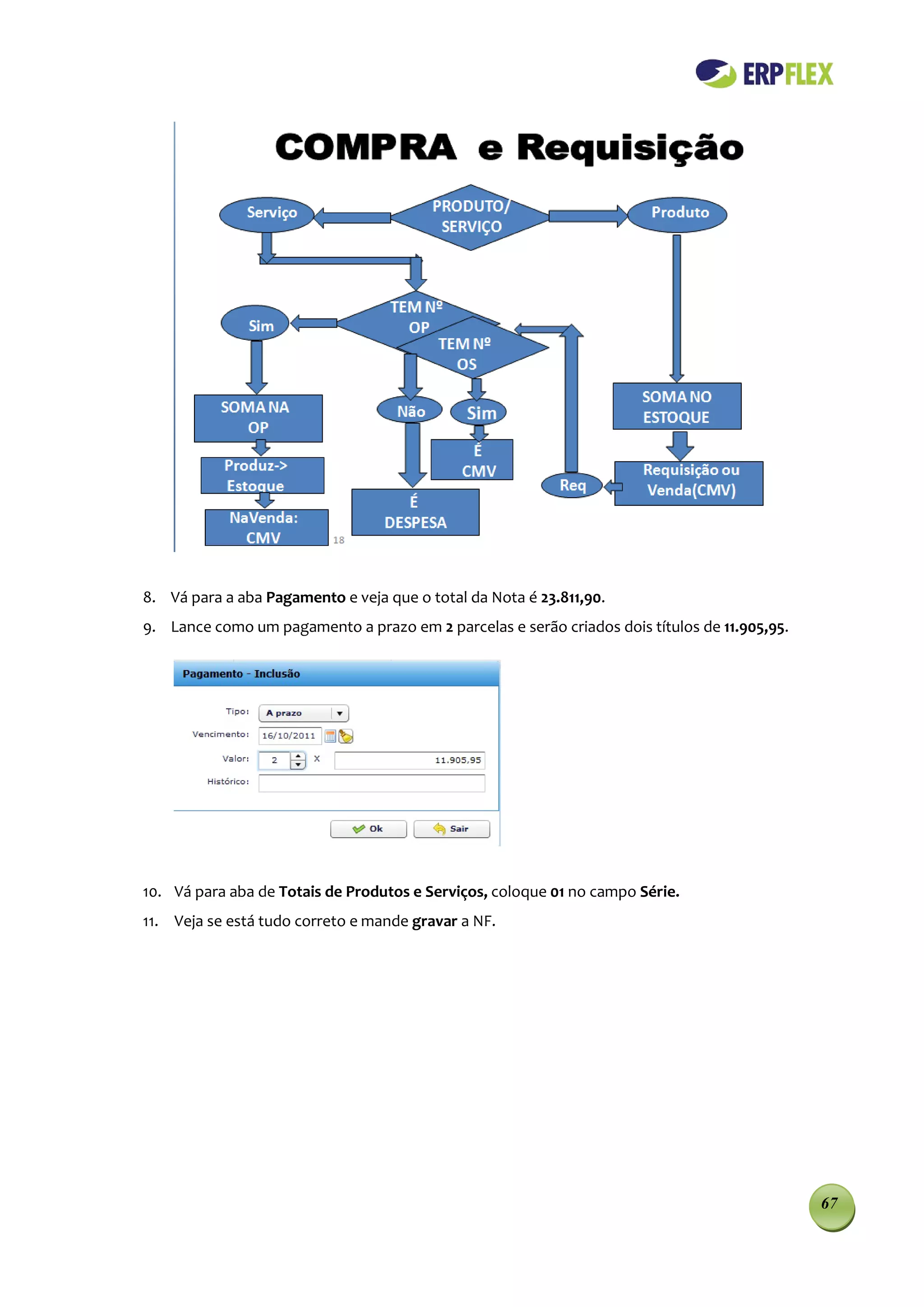 8. Vá para a aba Pagamento e veja que o total da Nota é 23.811,90.
9. Lance como um pagamento a prazo em 2 parcelas e serão criados dois títulos de 11.905,95.




10. Vá para aba de Totais de Produtos e Serviços, coloque 01 no campo Série.
11. Veja se está tudo correto e mande gravar a NF.




                                                                                              67
 