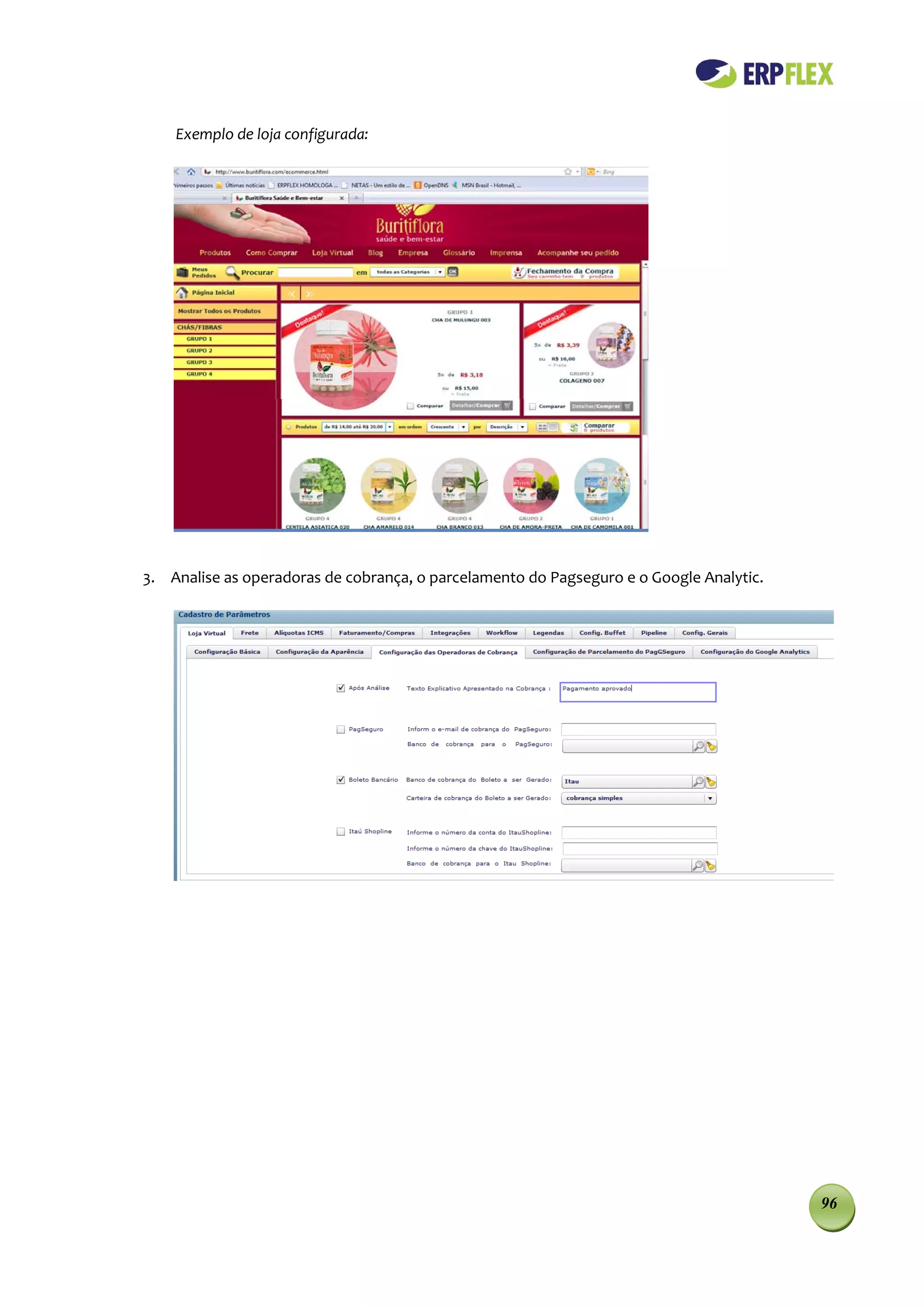 Exemplo de loja configurada:




3. Analise as operadoras de cobrança, o parcelamento do Pagseguro e o Google Analytic.




                                                                                         96
 