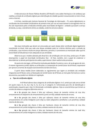 A Infra-estrutura de Chaves Públicas Brasileira (ICP-Brasil) é uma cadeia hierárquica e de confiança que
viabiliza a emissão de certificados digitais para identificação do cidadão quando transacionando no meio virtual,
como a Internet.
         A AC-Raiz, mantida pelo Instituto Nacional de Tecnologia da Informação – ITI, assina digitalmente os
certificados das Autoridades Certificadoras de primeiro nível, por sua vez essas assinam os de segundo nível. As
ACs são responsáveis pelos certificados emitidos pelas Autoridades de Registro - unidades que fazem o serviço
de balcão, ou seja, o atendimento direto ao cidadão, conforme estrutura abaixo:




         São essas instituições que devem ser procuradas por quem deseja obter certificado digital legalmente
reconhecido no Brasil. Note que cada uma dessas entidades pode ter critérios distintos para a emissão de
certificados, o que inclusive resulta em preços diferentes, portanto, é conveniente ao interessado saber qual AC
(Autoridade Certificadores) é mais adequada às suas atividades.
       Observa-se que o modelo adotado pelo Brasil foi o de certificação com raíz única, sendo que o ITI além
desempenhar o papel de Autoridade Certificadora Raiz - AC Raiz, também, tem o papel de credenciar e
descredenciar os demais participantes da cadeia, supervisionar e fazer auditoria dos processos.
        Do ponto de vista legal, a ICP-Brasil foi instituída pela Medida Provisória 2.200-2, de 24 de agosto de 2001.
O mesmo regramento jurídico definiu as atribuições e a composição do Comitê Gestor da ICP-Brasil, responsável
por aprovar as normas de atuação e funcionamento da Infra-estrutura.
        A partir dessa medida foram elaborados os regulamentos que regem as atividades das entidades
integrantes da ICP-Brasil, como as Resoluções do Comitê Gestor da ICP-Brasil, as Instruções Normativas e outros
documentos, que podem ser obtidos em Legislação.
 4. Tipos de certificados digitais

                A ICP-Brasil oferece duas categorias de certificados digitais: A e S, sendo que cada uma se divide
em quatro tipos: A1, A2, A3 e A4; S1, S2, S3 e S4. A categoria A é direcionada para fins de identificação e
autenticação, enquanto que o tipo S é direcionado a atividades sigilosas. Vejas as características que tornam as
versões de ambas as categorias diferentes entre si:
       A1 e S1: geração das chaves é feita por software; chaves de tamanho mínimo de 1024 bits;
armazenamento em dispositivo de armazenamento (como um HD); validade máxima de um ano;
       A2 e S2: geração das chaves é feita por software; chaves de tamanho mínimo de 1024 bits;
armazenamento em cartão inteligente (com chip) ou token (dispositivo semelhante a um pendrive); validade
máxima de dois anos;
       A3 e S3: geração das chaves é feita por hardware; chaves de tamanho mínimo de 1024 bits;
armazenamento em cartão inteligente ou token; validade máxima de três anos;
       A4 e S4: geração das chaves é feita por hardware; chaves de tamanho mínimo de 2048 bits;
armazenamento em cartão inteligente ou token; validade máxima de três anos.




                                                                                                                  125
 