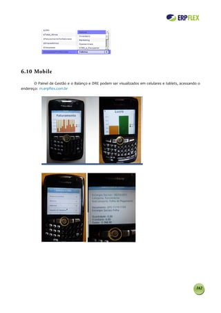 6.10 Mobile

       O Painel de Gestão e o Balanço e DRE podem ser visualizados em celulares e tablets, acessando o
endereço: m.erpflex.com.br




                                                                                                   162
 