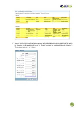    quando atingida uma meta de Natureza. Aqui são consideradas as metas cadastradas na Tabela
    de Natureza e não aquelas do Painel de Gestão. No caso de Naturezas que são Receitas e
    Despesas, a meta deve ser o Lucro.




                                                                                           166
 